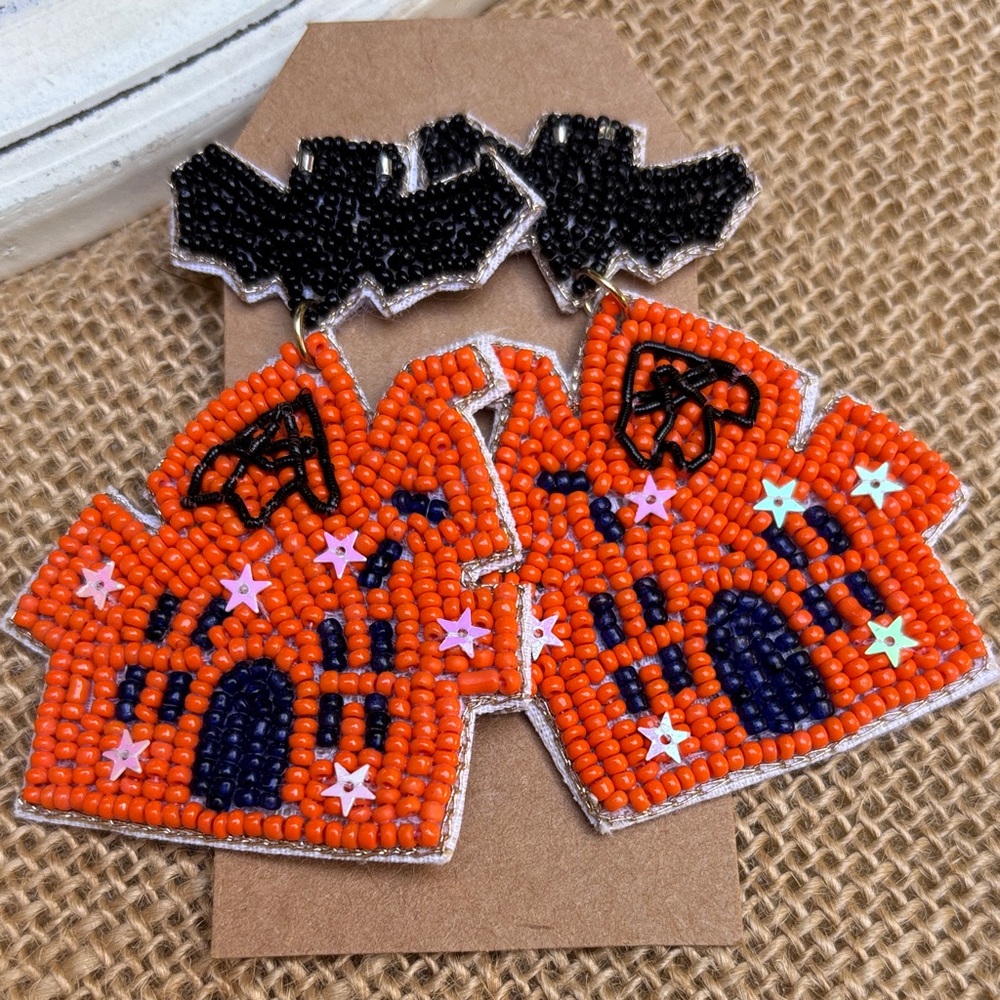 Halloween Beaded Earrings with Bats and Haunted Houses - Picture 1 of 6